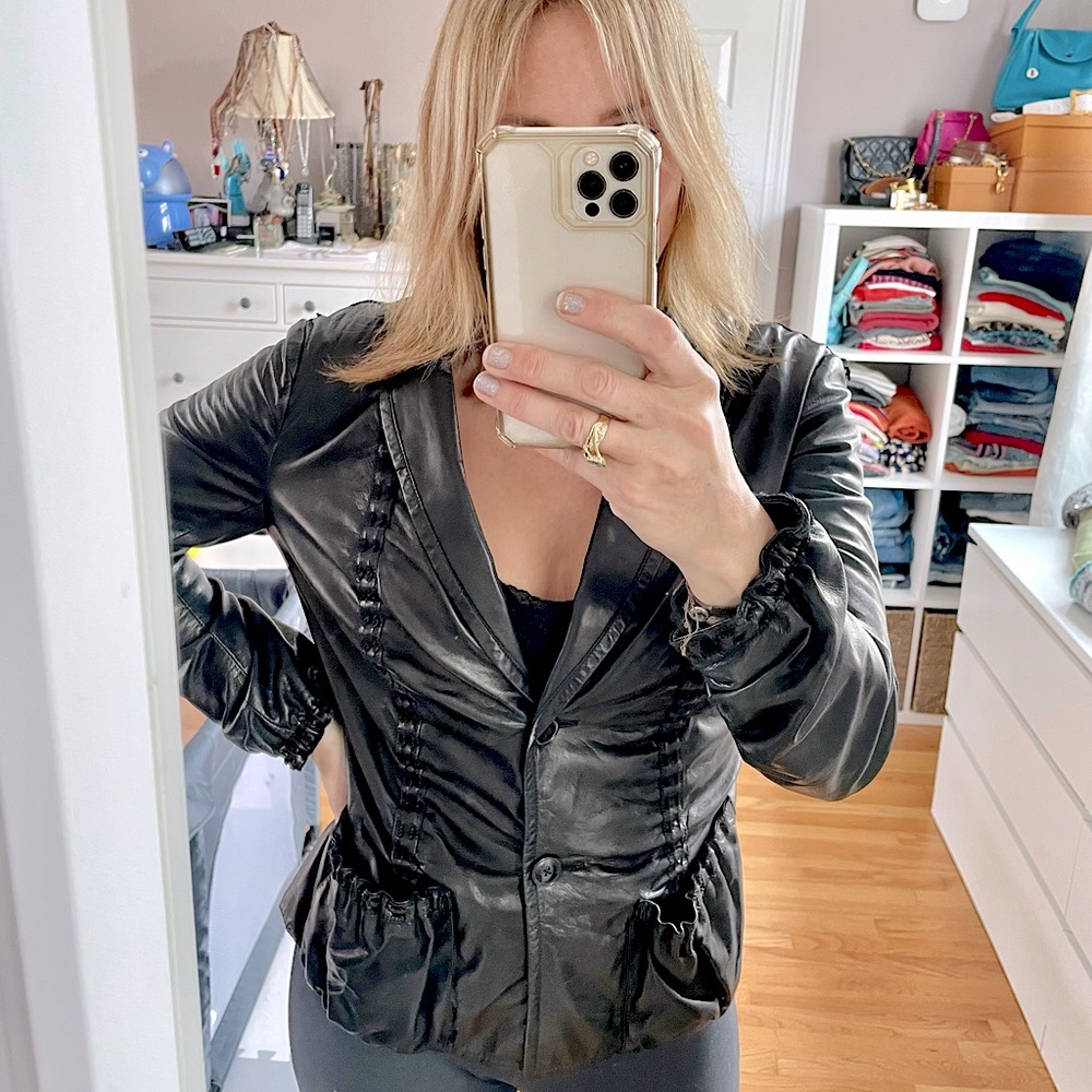Donna Karen Ruched Black Leather Jacket.